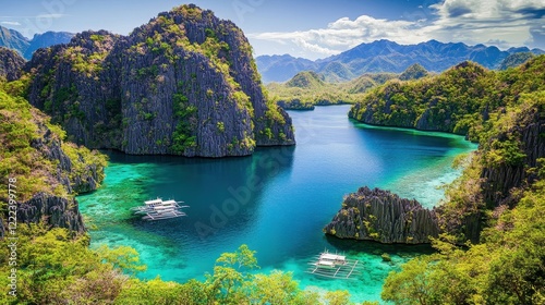 Stunning Tropical Lagoon Surrounded By Lush Green Cliffs photo