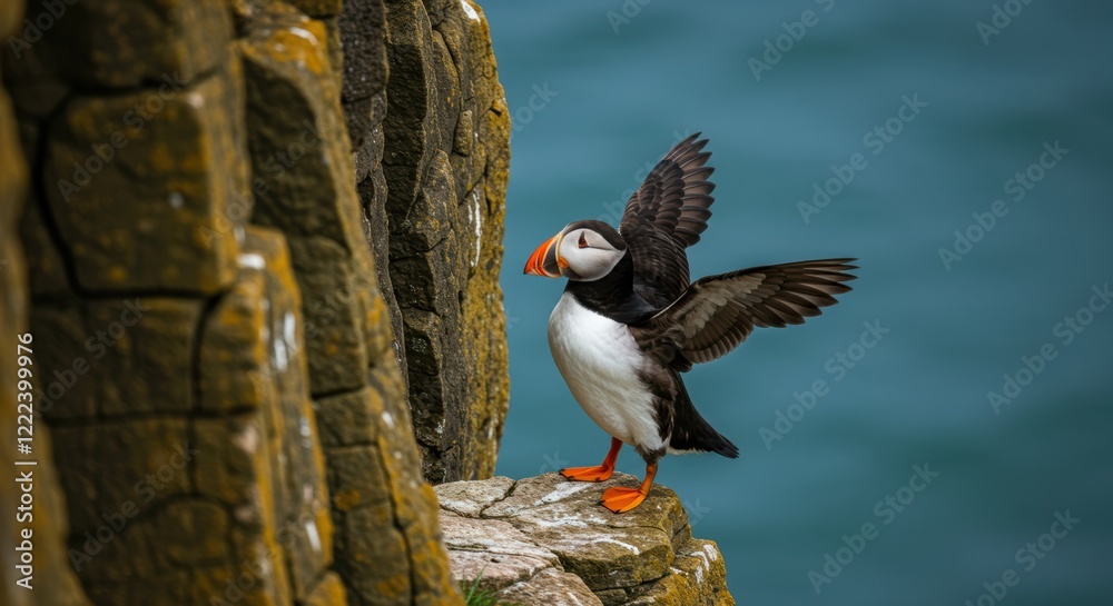Obraz premium Puffin on rocky cliff with wings outstretched by the ocean