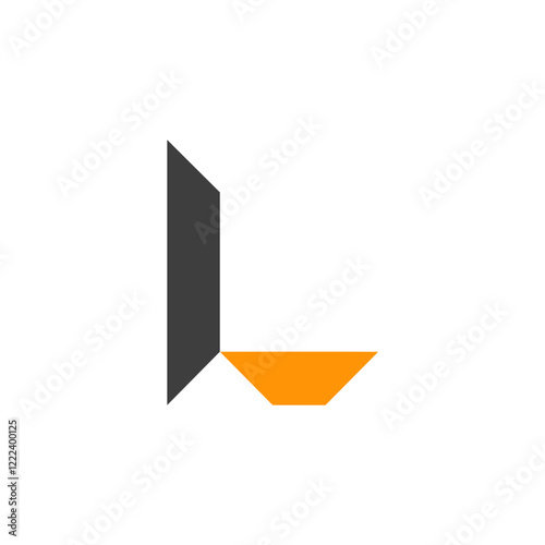 The image features a geometric abstract design formed by two intersecting shapes. One shape is a vertical rectangle in dark gray, and the other is a triangular shape in orange that extends horizontall
