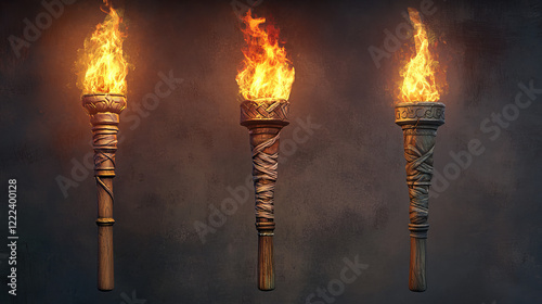 Medieval torch flame. Ancient fire stick cartoon icon for game. Hawaiian flambeau for wall. Viking wood and greek marble burn ceremony flashlight cup element collection. Old history lantern 2d kit