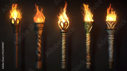 Medieval torch flame. Ancient fire stick cartoon icon for game. Hawaiian flambeau for wall. Viking wood and greek marble burn ceremony flashlight cup element collection. Old history lantern 2d kit