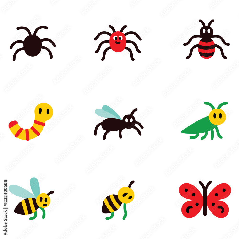 Fototapeta premium A collection of nine cartoon insect illustrations
