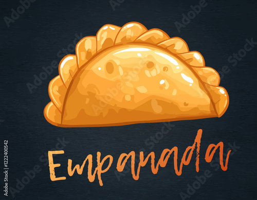 Cartoon vector illustration of a delicious empanada on black background. Delightful vector illustration of a flat design empanada, a popular fried pastry with savory fillings. A traditional meal 
