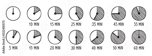 timer doodle icons set. Stopwatch on 0, 5, 10, 13, 15, 20, 25, 30, 35, 40, 45, 50, 55, and 60 minutes. Half and quarter of hour. Vintage hand drawn outline drawing line clipart symbol