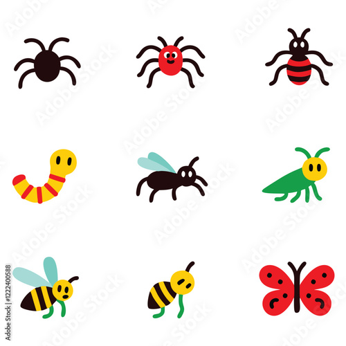 A collection of nine cartoon insect illustrations