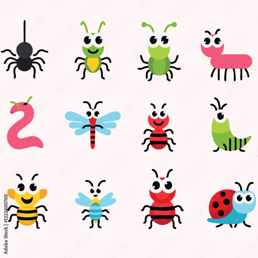 Obraz premium A collection of cheerful cartoon insects, featuring various types like spiders, worms, ants, bees, ladybugs, and more