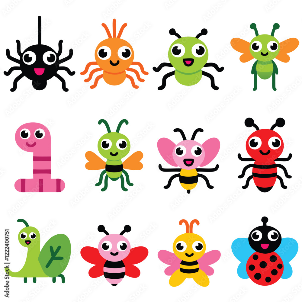 Obraz premium A collection of 12 adorable cartoon insects, featuring a spider, worm, bee, butterfly, ladybug, and grasshopper