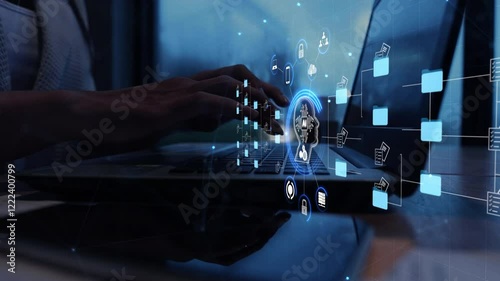Ai Futuristic holographic interface of a file manager, folder structure with documents and data scanning, digital document storage software, cloud database, search and manage documents, paperless