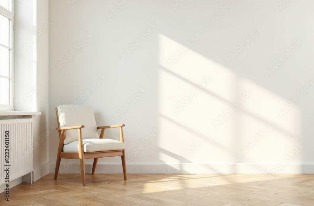 Armchair in a room with white lampshade Armchair in a room with white lampshade