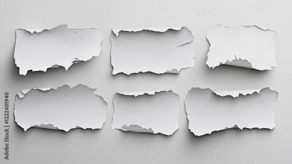 Realistic set of torn paper sheets isolated on grey background. Vector illustration of ripped blank white pages with uneven texture edges. Damaged document or photography mockup, broken agreement Realistic set of torn paper sheets isolated on grey background. Vector illustration of ripped blank white pages with uneven texture edges. Damaged document or photography mockup, broken agreement