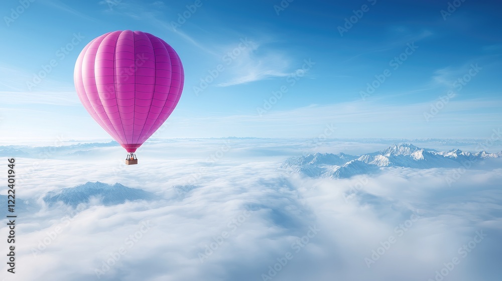 Fototapeta premium Pink hot air balloon above cloudscape, mountain range background, freedom, travel