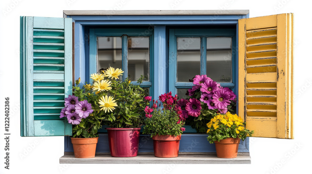 Naklejka premium Wooden windows with open shutters in mediterranean style isolated on white background. Vector cartoon set of house windows with colored frames, curtains and flower pots on sill