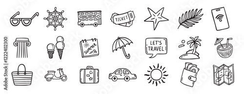 travel doodle hand drawn icon set. Outline drawing travel tourism line clipart symbols