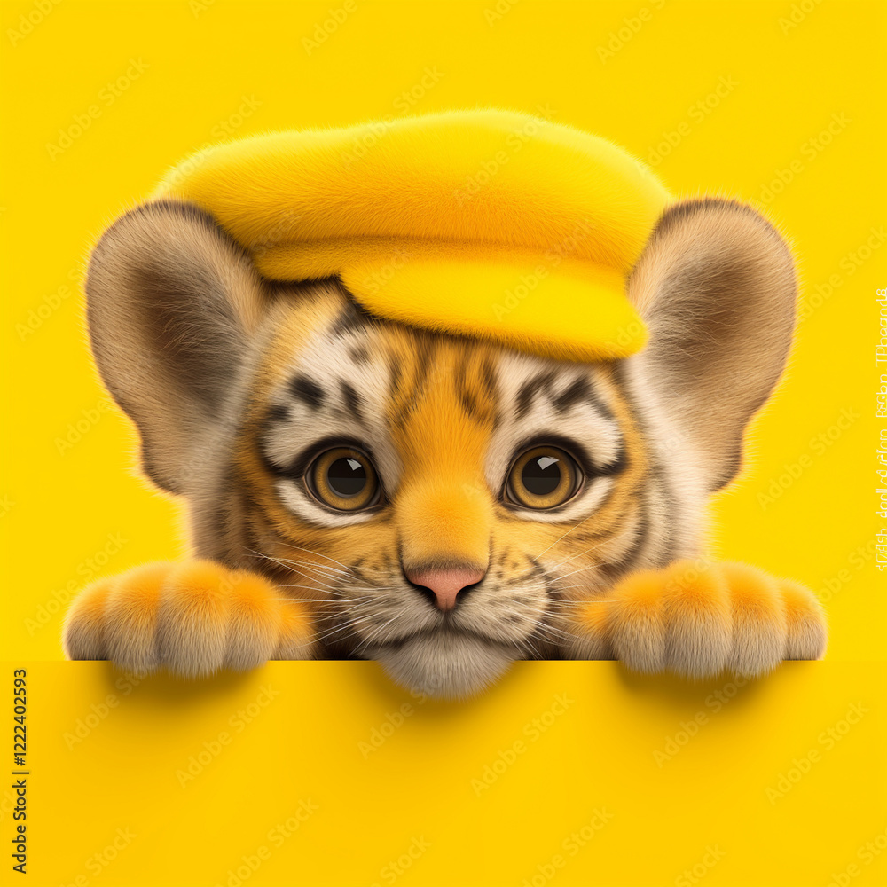 Obraz premium Cute Tiger Cub in Yellow Hat on Yellow Background