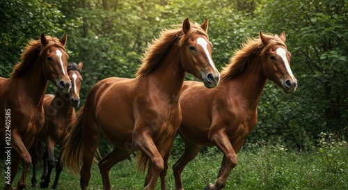 Majestic brown horses galloping freely through lush green forest landscape