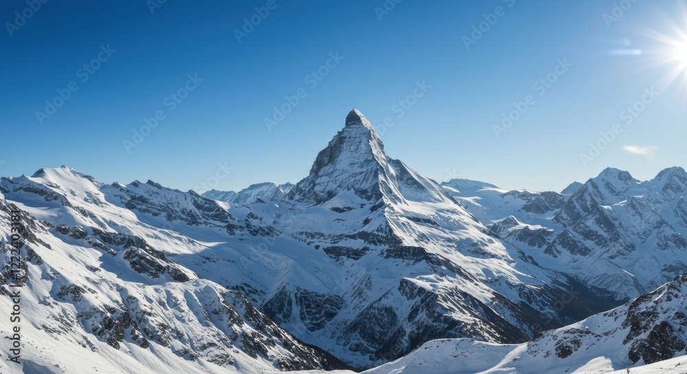 Stunning view of snow-covered matterhorn mountain in clear blue sky Stunning view of snow-covered matterhorn mountain in clear blue sky