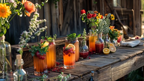 A rustic countryside bar setup with cocktails garnished with fresh berries, herbs, and slices of citrus 3 photo