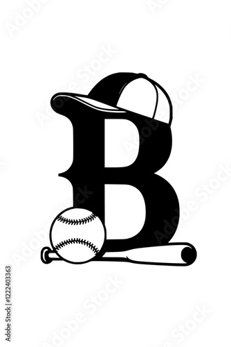 Baseball-themed letter B with cap and bat, Illustration of the letter B with a baseball cap, bat, and ball, symbolizing sports, team spirit, and athletic identity.  

