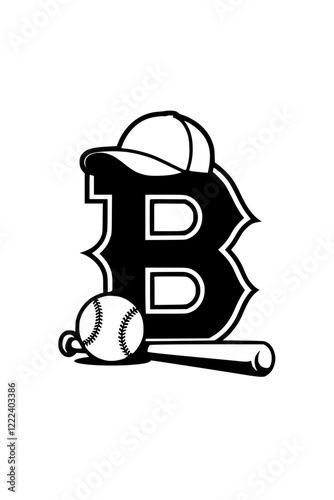 Baseball-themed letter B with cap and bat, Illustration of the letter B with a baseball cap, bat, and ball, symbolizing sports, team spirit, and athletic identity.  

