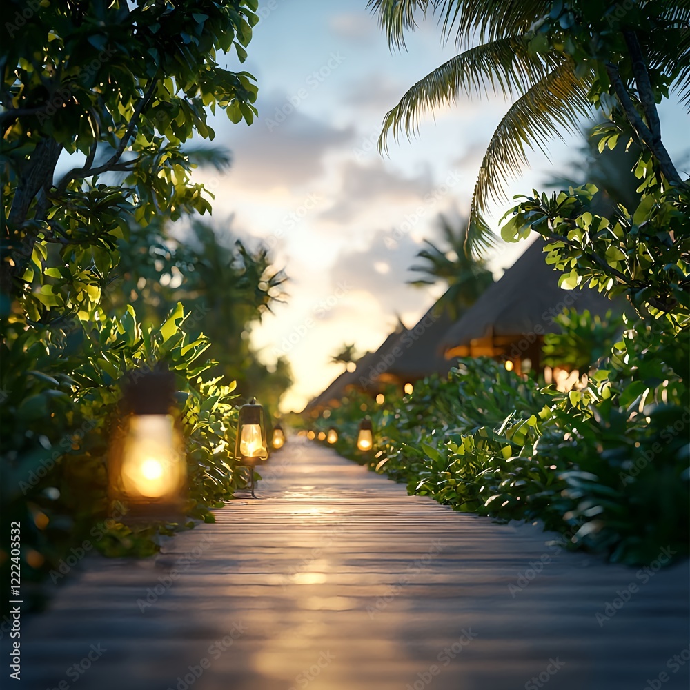 Fototapeta premium Tranquil Tropical Pathway with Lanterns and Charming Cottages