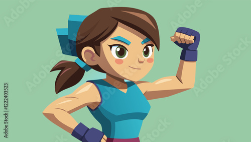 Empowered female character with bicep pose for strength and fitness design