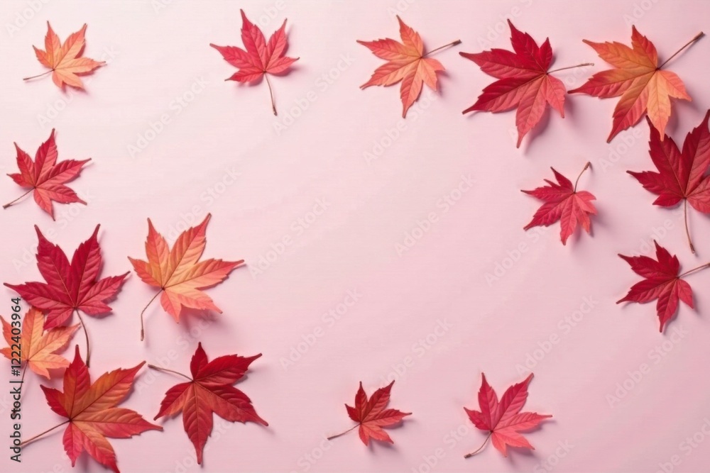 Pink-tinted maple leaves scattered on a light pink surface, pastel shades, maple leaves, earthy tones Pink-tinted maple leaves scattered on a light pink surface, pastel shades, maple leaves, earthy tones
