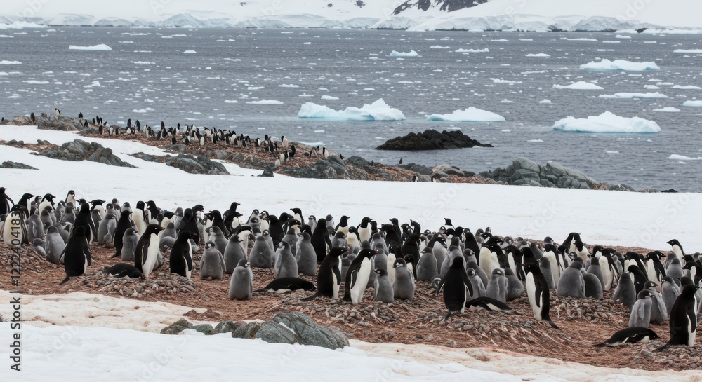 Fototapeta premium Colony of penguins on snowy antarctic coastline with icebergs