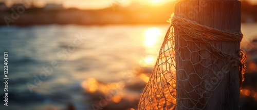 A weathered wooden post entwined with netting overlooks the ocean, glowing warmly under a setting sun. photo