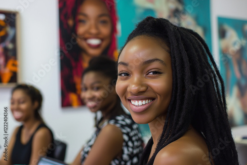 photo of a team of young business men women working in teamwork on their computer in an office smiling into the camera