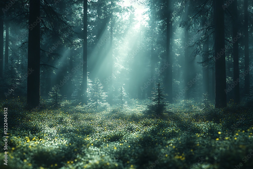 Obraz premium Sun rays shining through the misty forest