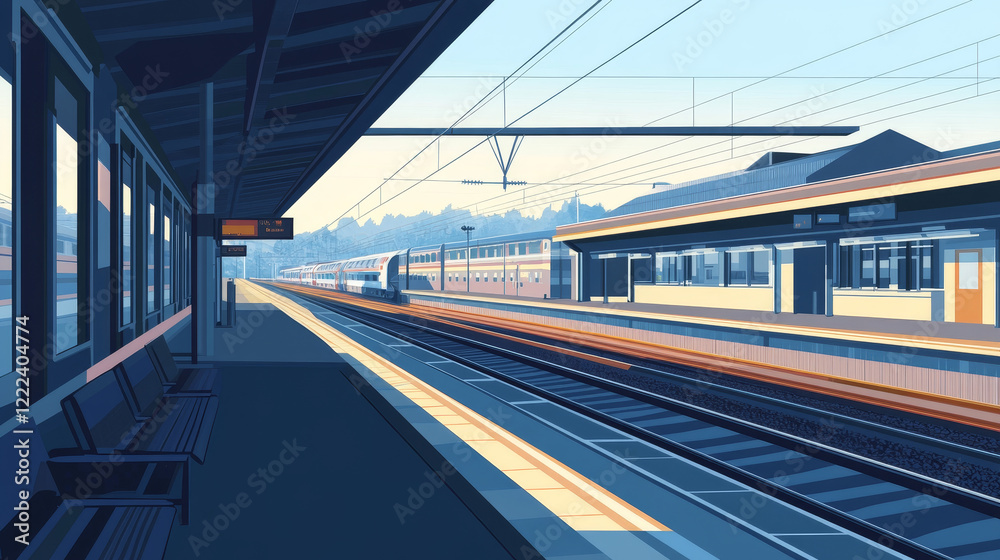 Obraz premium Railway station poster with isometric rail track, train and platform. Vector banner of train transportation infrastructure with empty modern station, locomotive with carriage