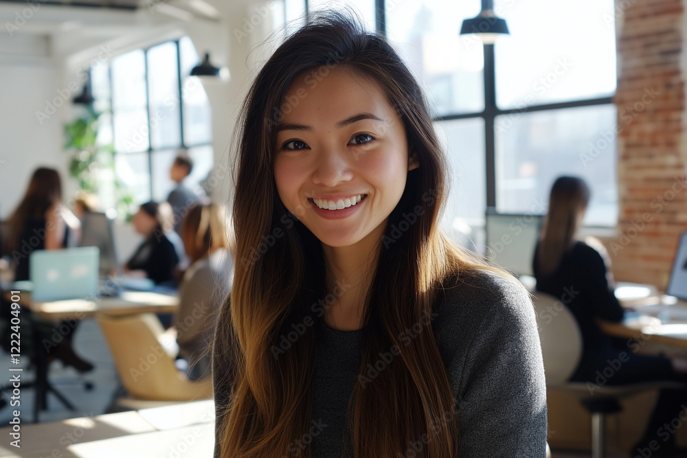 photo of a team of young business men women working in teamwork on their computer in an office smiling into the camera
