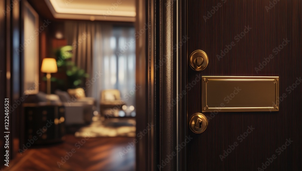Elegant Dark Wooden Door with Gold Accents, Revealing a Luxurious Interior Elegant Dark Wooden Door with Gold Accents, Revealing a Luxurious Interior