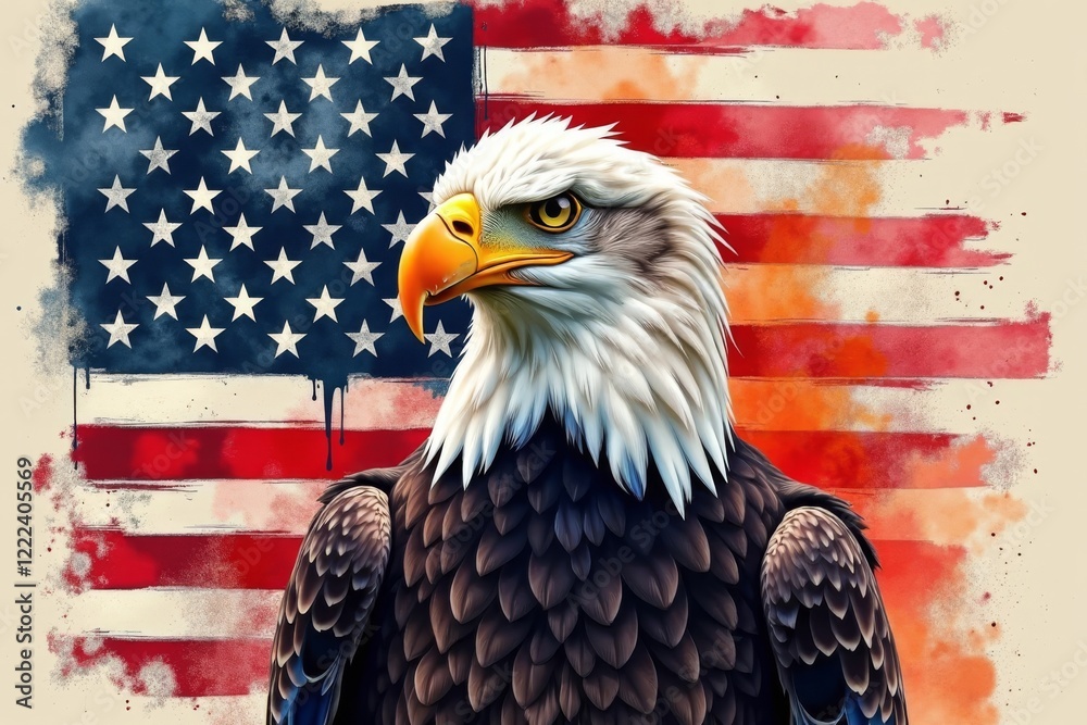 Naklejka premium Bald eagle against the backdrop of the American flag.