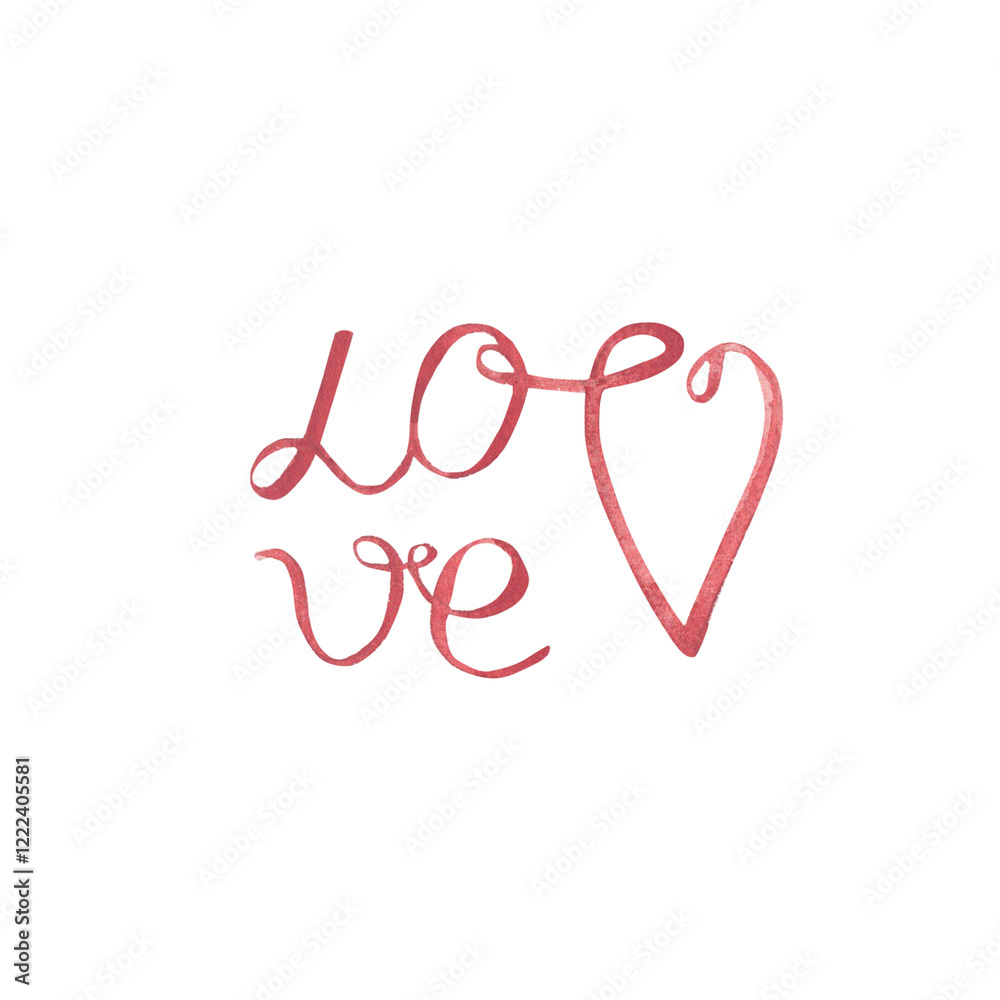 Fototapeta premium LOVE word with heart. Hand drawn watercolor lettering isolated on a white background. Design elements for shirt prints, posters and cards for Valentine's Day.