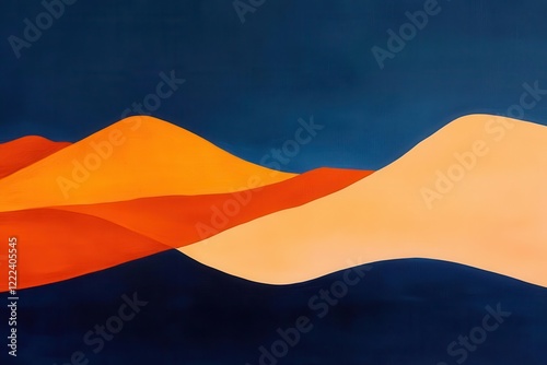 abstract landscape with bold orange desert dunes meeting deep blue sky, minimalist composition emphasizing geometric shapes and color contrast photo