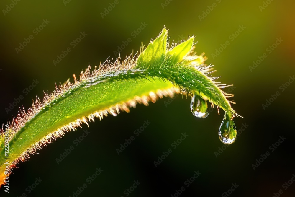 Obraz premium Extreme macro shot capturing the intricate details of a spring tree leaf with water droplets