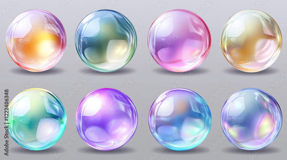 Colorful glass ball on transparent background with light reflection and rainbow refraction effects. Realistic 3d vector set of tinted spheres with optical distortion. Translucent acrylic orbs. Colorful glass ball on transparent background with light reflection and rainbow refraction effects. Realistic 3d vector set of tinted spheres with optical distortion. Translucent acrylic orbs.