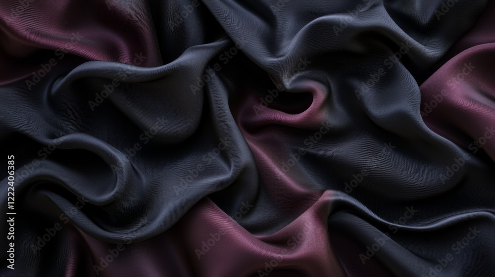 Fototapeta premium Black background with burgundy satin cloth, elegant fabric texture. Abstract dark backdrop for design and decoration.