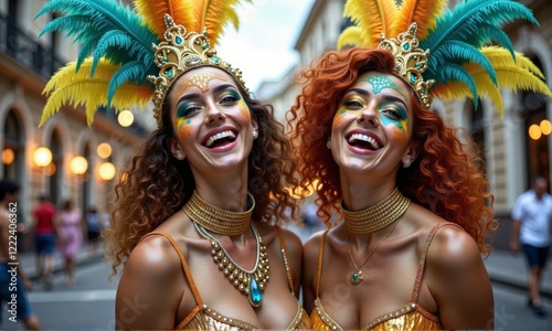 Two girls enjoy the carnival in Mardi Gras costumes on the street. photo