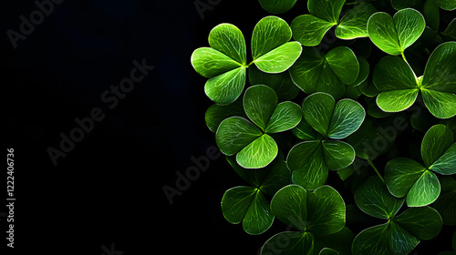 Green clover leaves on a black background. St.Patrick 's Day. photo