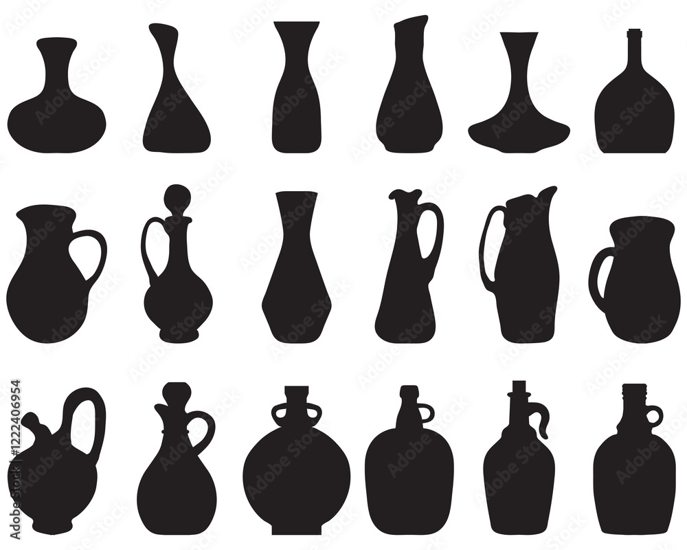 Black silhouettes of bowls and carafes for wine Black silhouettes of bowls and carafes for wine