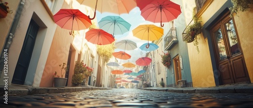 A charming street adorned with colorful umbrellas hanging overhead, casting playful shadows on cobblestones.