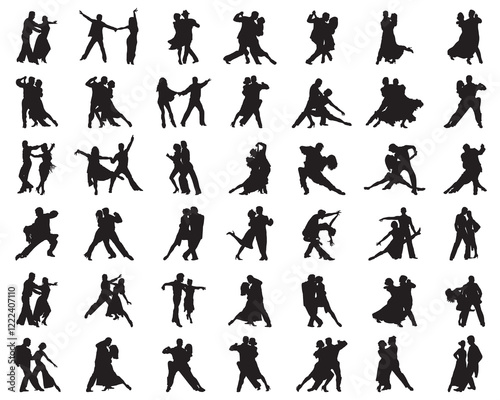 Black silhouettes of tango players on a white background	