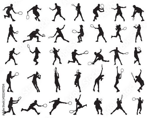 Black silhouettes of tennis players on white background	