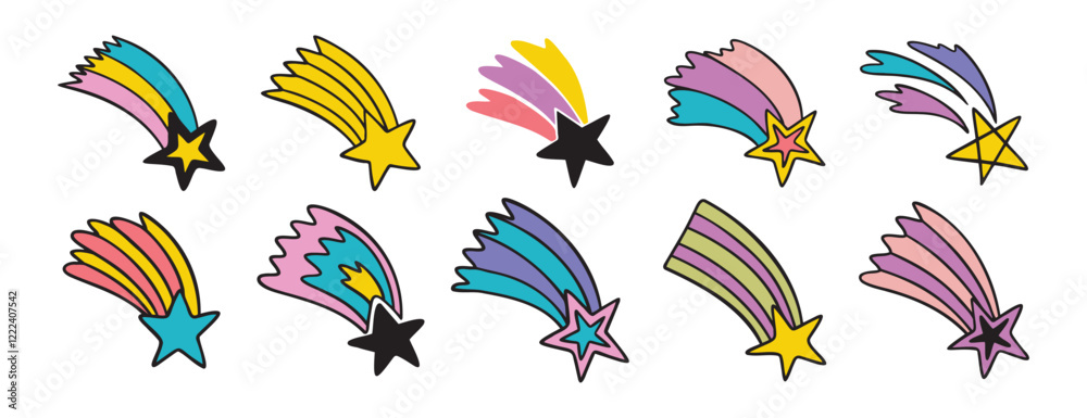 Obraz premium falling stars hand drawn cartoon doodle isolated on white background cartoon set. Making a wish line clipart symbol