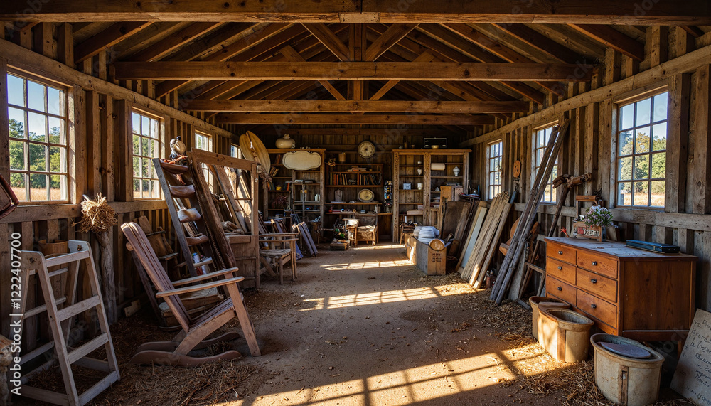Rustic barn interior with sunlight beams, nostalgic charm Rustic barn interior with sunlight beams, nostalgic charm