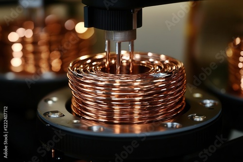 advanced robotics system precisely winding copper coils, with precision machinery and automated quality control in a sterile environment