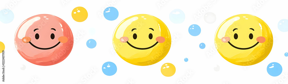 Happy bubble faces float, white background, fun design Happy bubble faces float, white background, fun design