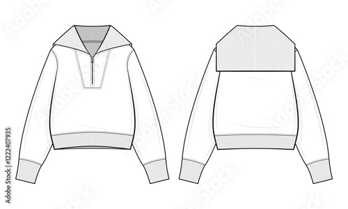 Sailor-Collar Quarter-Zip Pullover Jacket Technical Fashion Illustration. Minimalist sailor Jacket Vector Template. Front and back view. Relaxed Fit. Knitted. Spring fall. Unisex Outerwear. CAD mockup